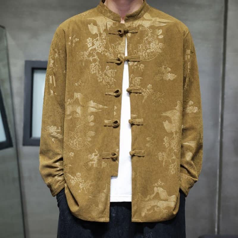 Buddha Stones Chaquetas de hombre de estilo vintage Tang con botones de rana y estampado floral para otoño/invierno con bolsillo. - image 1