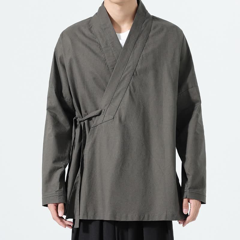 Buddha Stones Kimono de hombre liso con cordón ajustable, estilo Tang minimalista para otoño - image 1