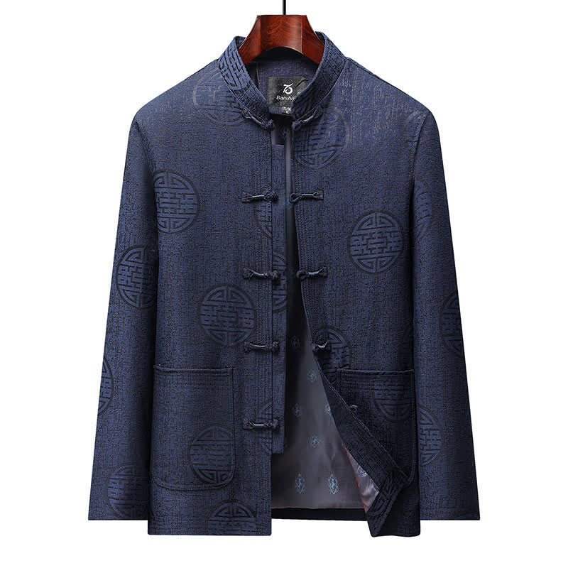 Buddha Stones Chaquetas de hombre de estilo vintage Tang con botones de rana y estampado geométrico, ideales para otoño e invierno. - Marina de guerra - US/UK/AU44, EU54 (4XL) - image 0
