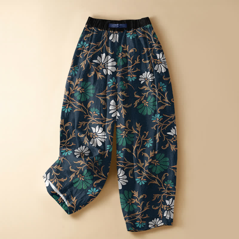 Buddha Stones Pantalones harem de algodón puro con estampado botánico de flores y hojas, botones de rana, cintura elástica y bolsillos para mujer. - Marina de guerra - US16，UK/AU20，EU48 (3XL) - image 0
