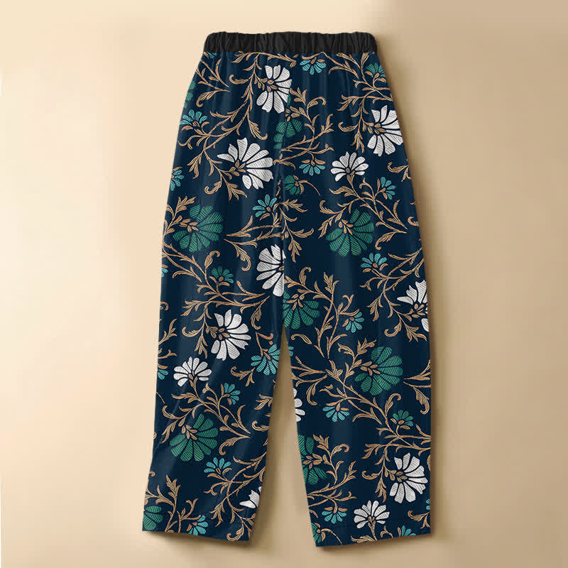 Buddha Stones Pantalones harem de algodón puro con estampado botánico de flores y hojas, botones de rana, cintura elástica y bolsillos para mujer. - image 1