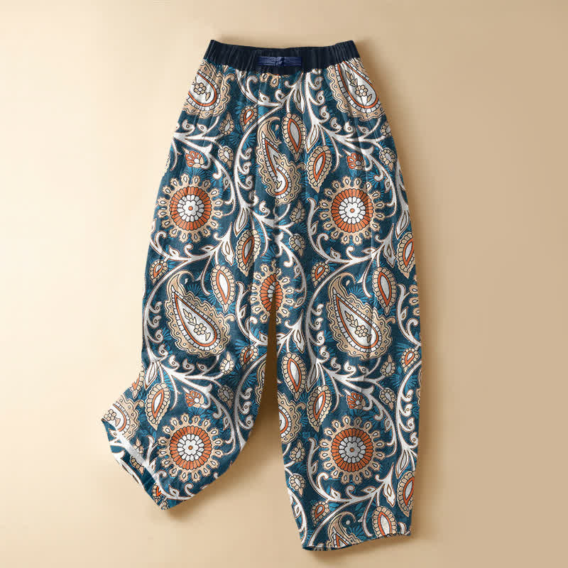 Buddha Stones Pantalones harem de algodón puro con estampado floral paisley bohemio, botones de rana, cintura elástica y bolsillos para mujer. - Azul acero - US16，UK/AU20，EU48 (3XL) - image 0