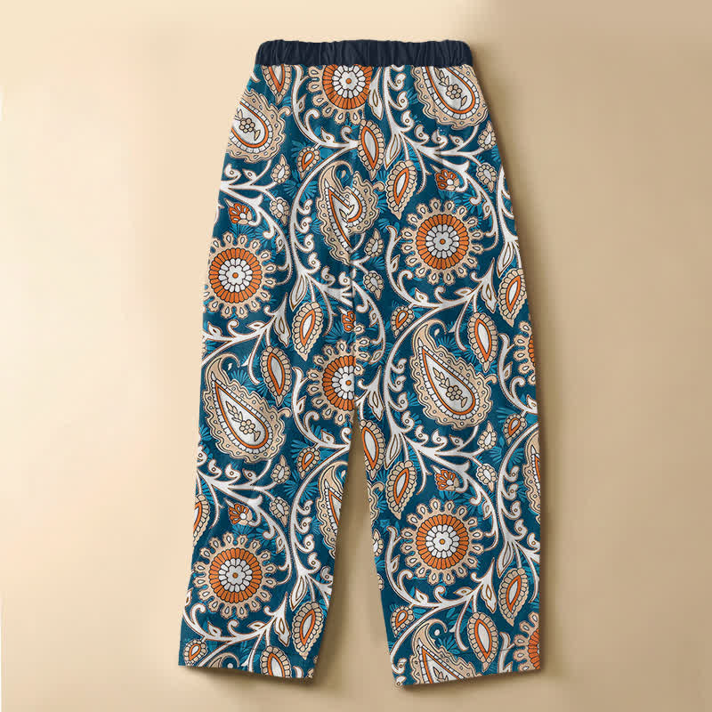 Buddha Stones Pantalones harem de algodón puro con estampado floral paisley bohemio, botones de rana, cintura elástica y bolsillos para mujer. - image 1