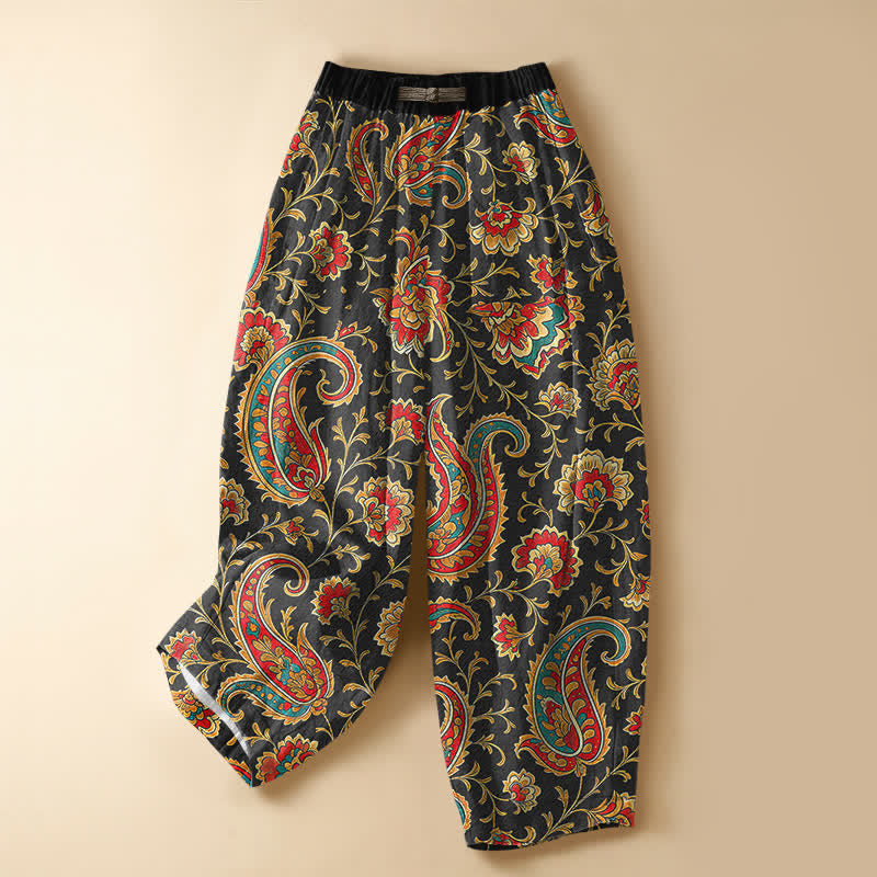 Buddha Stones Pantalones harem de algodón puro con estampado floral retro, botones de rana, cintura elástica y bolsillos para mujer. - Negro - US16，UK/AU20，EU48 (3XL) - image 0
