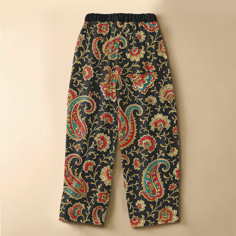 Buddha Stones Pantalones harem de algodón puro con estampado floral retro, botones de rana, cintura elástica y bolsillos para mujer. - image 1