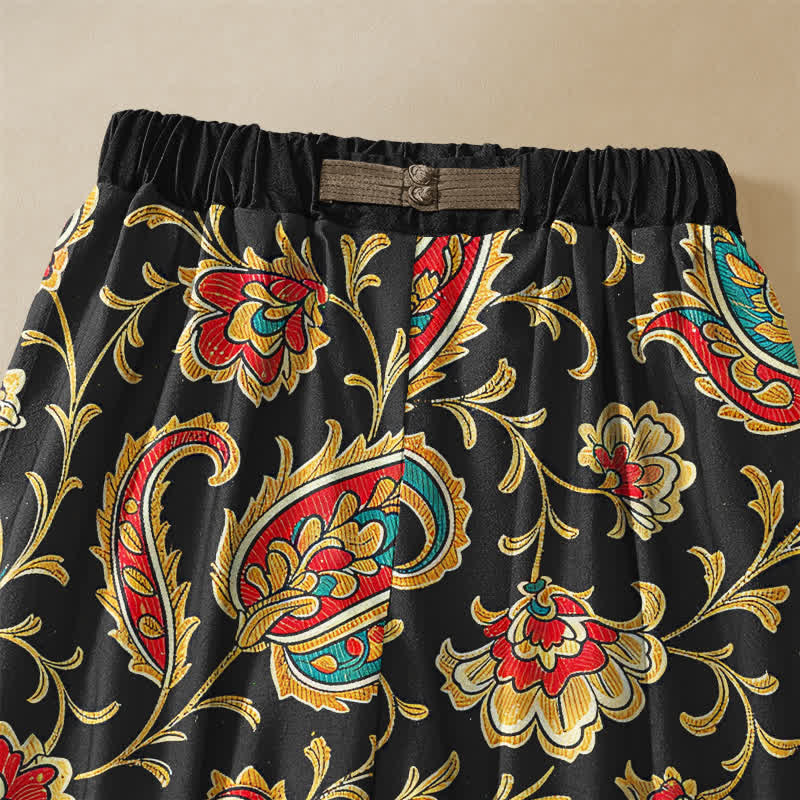 Buddha Stones Pantalones harem de algodón puro con estampado floral retro, botones de rana, cintura elástica y bolsillos para mujer. - image 2