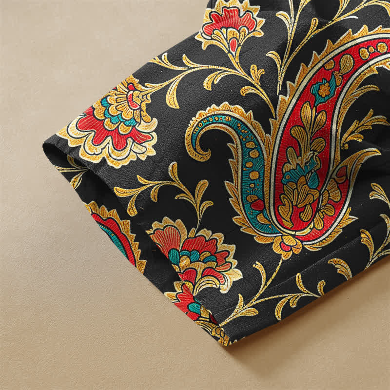 Buddha Stones Pantalones harem de algodón puro con estampado floral retro, botones de rana, cintura elástica y bolsillos para mujer. - image 3