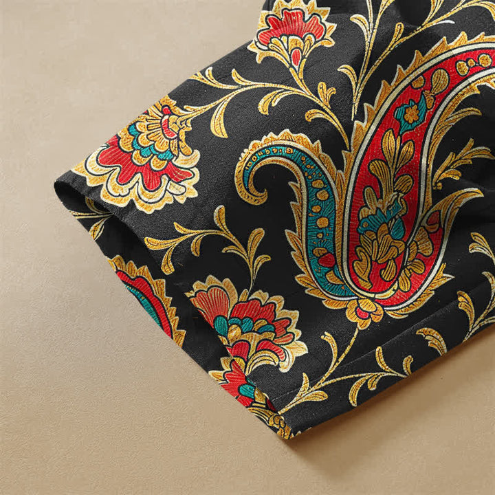 Buddha Stones Pantalones harem de algodón puro con estampado floral retro, botones de rana, cintura elástica y bolsillos para mujer. - image 3