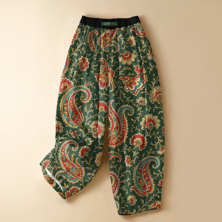 Buddha Stones Pantalones harem de algodón puro con estampado floral retro, botones de rana, cintura elástica y bolsillos para mujer. - Verde bosque - US16，UK/AU20，EU48 (3XL) - image 5