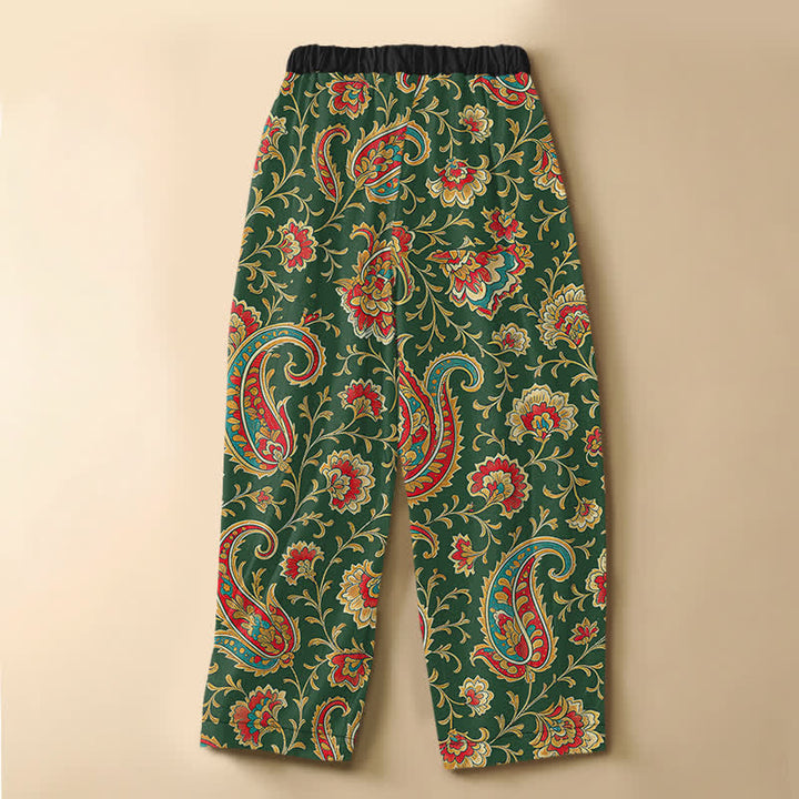 Buddha Stones Pantalones harem de algodón puro con estampado floral retro, botones de rana, cintura elástica y bolsillos para mujer. - image 6