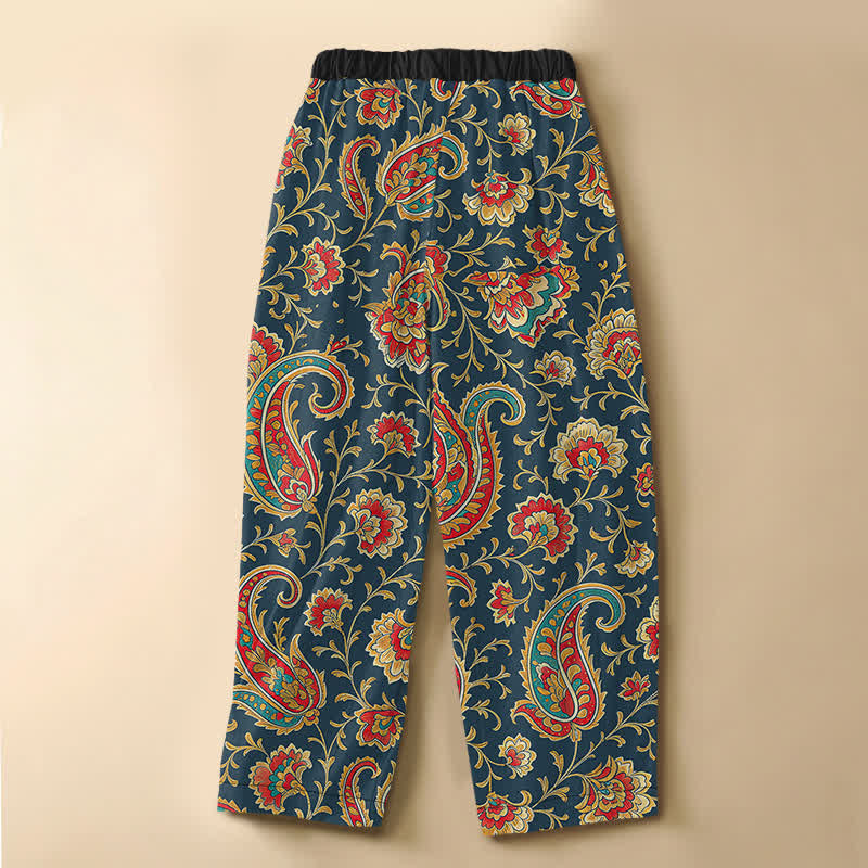 Buddha Stones Pantalones harem de algodón puro con estampado floral retro, botones de rana, cintura elástica y bolsillos para mujer. - image 8