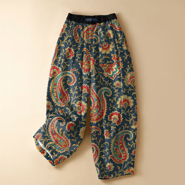 Buddha Stones Pantalones harem de algodón puro con estampado floral retro, botones de rana, cintura elástica y bolsillos para mujer. - Marina de guerra - US16，UK/AU20，EU48 (3XL) - image 7