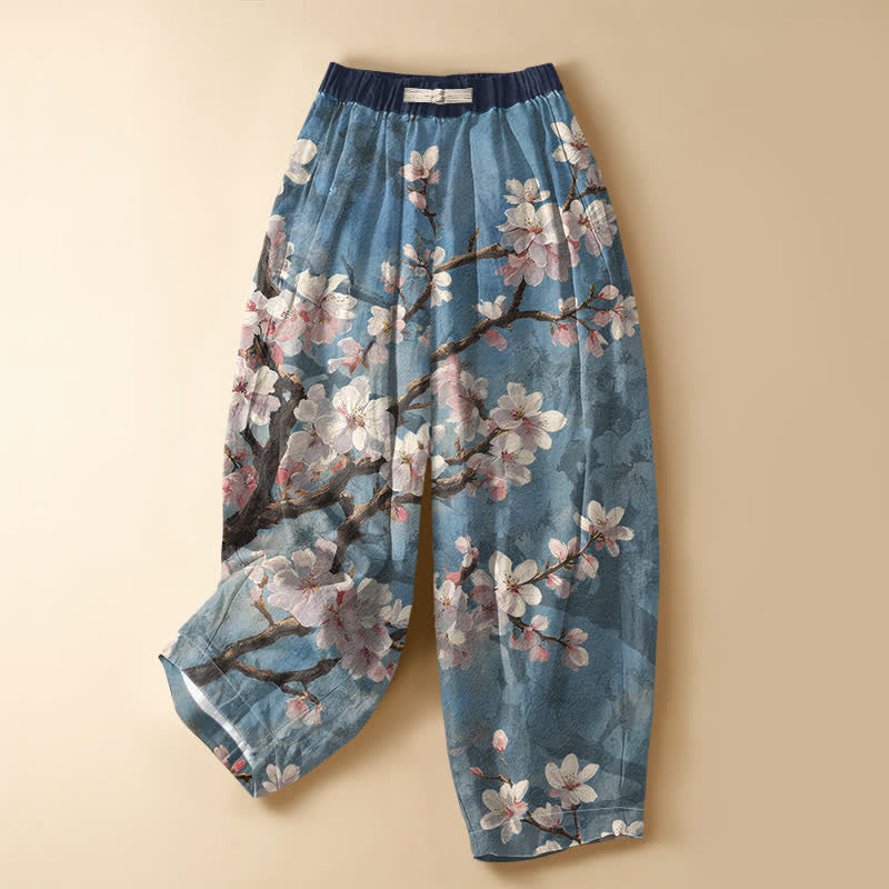 Buddha Stones Pantalones harem de algodón puro con estampado vintage de ramas de cerezo, botones de rana y cintura elástica para mujer con bolsillos. - Azul cielo claro - US16，UK/AU20，EU48 (3XL) - image 0