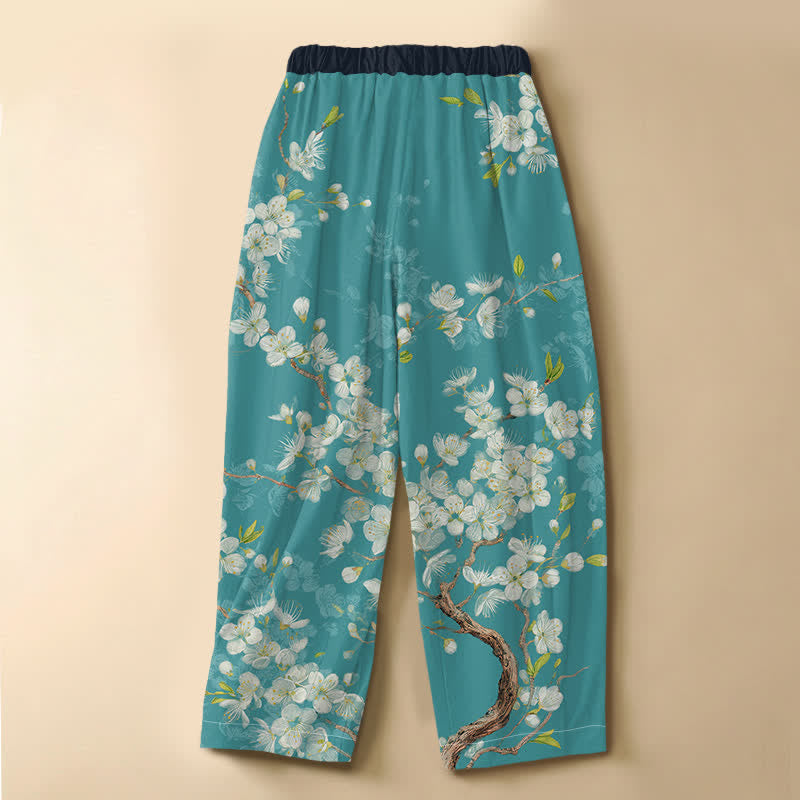 Buddha Stones Pantalones harem de algodón puro con estampado floral vintage, botones de rana, cintura elástica y bolsillos para mujer. - image 1