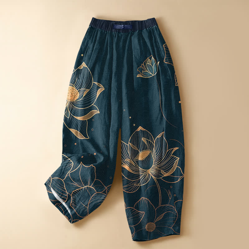 Buddha Stones Pantalones harem de algodón puro con estampado de flor de loto, botones de rana y cintura elástica para mujer con bolsillos. - Gris pizarra oscuro - US16，UK/AU20，EU48 (3XL) - image 0