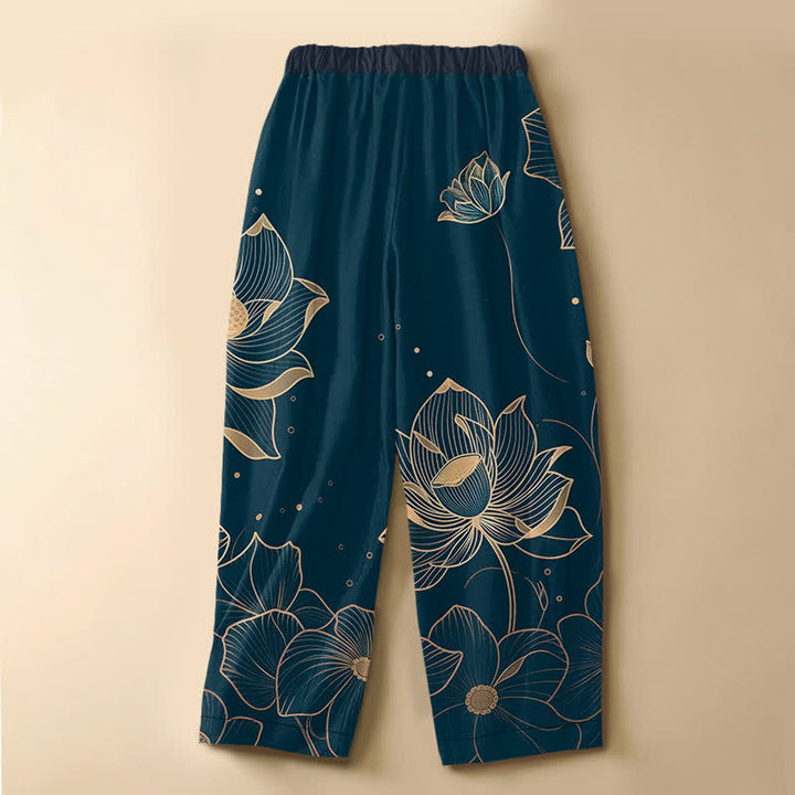 Buddha Stones Pantalones harem de algodón puro con estampado de flor de loto, botones de rana y cintura elástica para mujer con bolsillos. - image 1