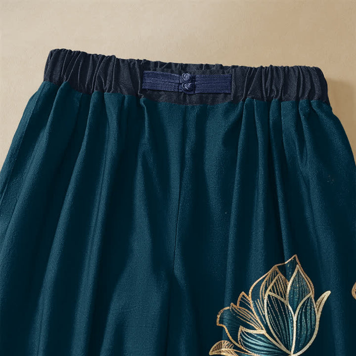 Buddha Stones Pantalones harem de algodón puro con estampado de flor de loto, botones de rana y cintura elástica para mujer con bolsillos. - image 2