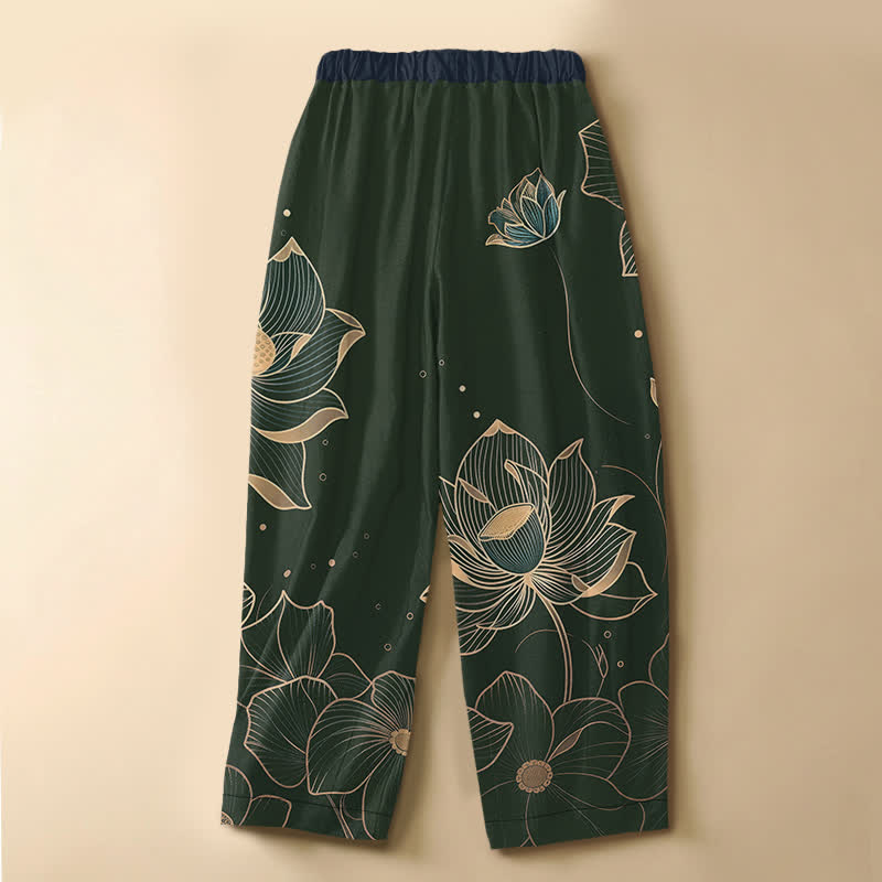 Buddha Stones Pantalones harem de algodón puro con estampado de flor de loto, botones de rana y cintura elástica para mujer con bolsillos. - image 6