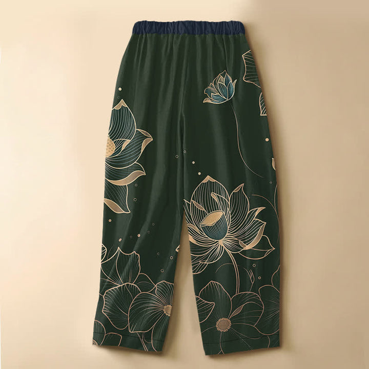 Buddha Stones Pantalones harem de algodón puro con estampado de flor de loto, botones de rana y cintura elástica para mujer con bolsillos. - image 6