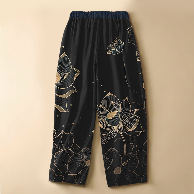 Buddha Stones Pantalones harem de algodón puro con estampado de flor de loto, botones de rana y cintura elástica para mujer con bolsillos. - image 8