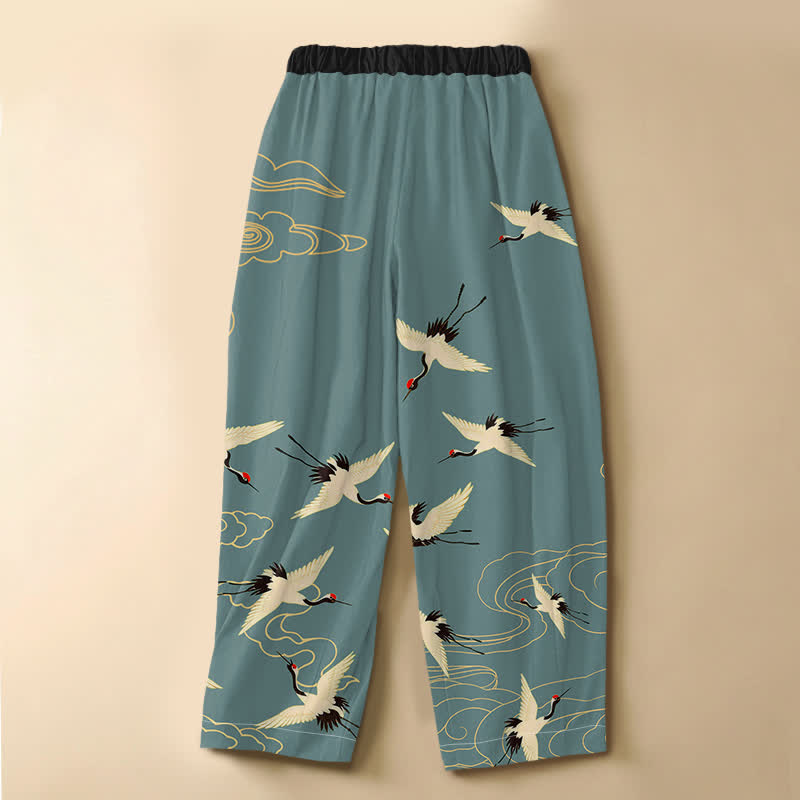 Buddha Stones Pantalones harem de algodón puro con elegante estampado de grullas y nubes, botones de rana y cintura elástica para mujer, con bolsillos. - image 1