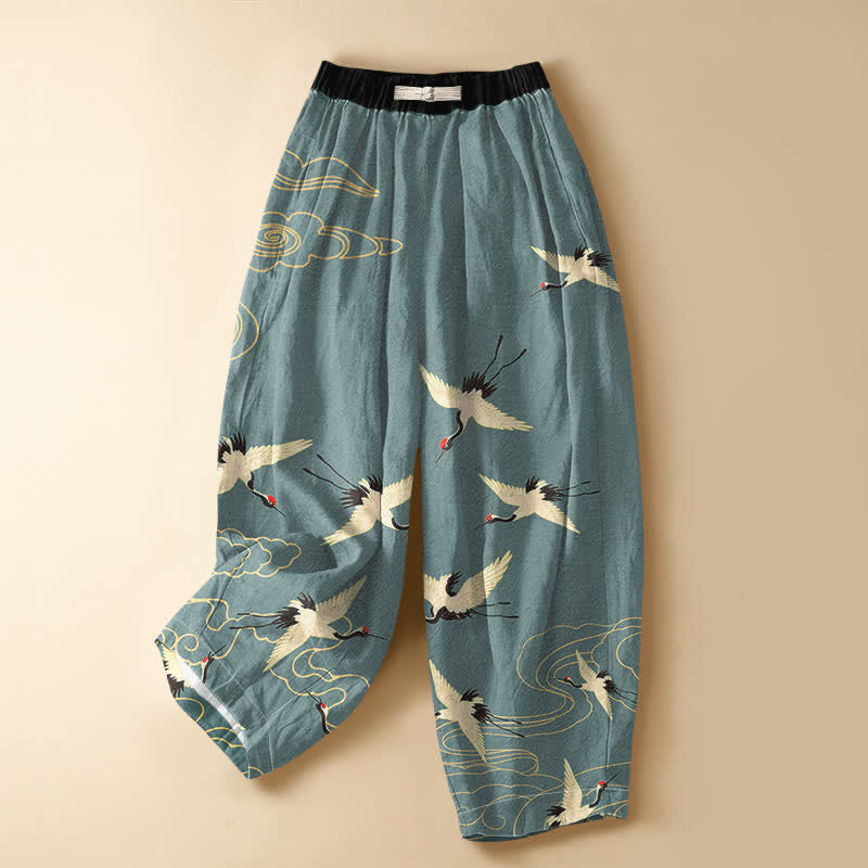 Buddha Stones Pantalones harem de algodón puro con elegante estampado de grullas y nubes, botones de rana y cintura elástica para mujer, con bolsillos. - Azul cadete - US16，UK/AU20，EU48 (3XL) - image 0