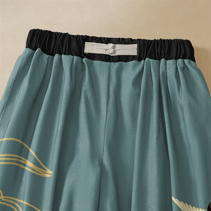 Buddha Stones Pantalones harem de algodón puro con elegante estampado de grullas y nubes, botones de rana y cintura elástica para mujer, con bolsillos. - image 2