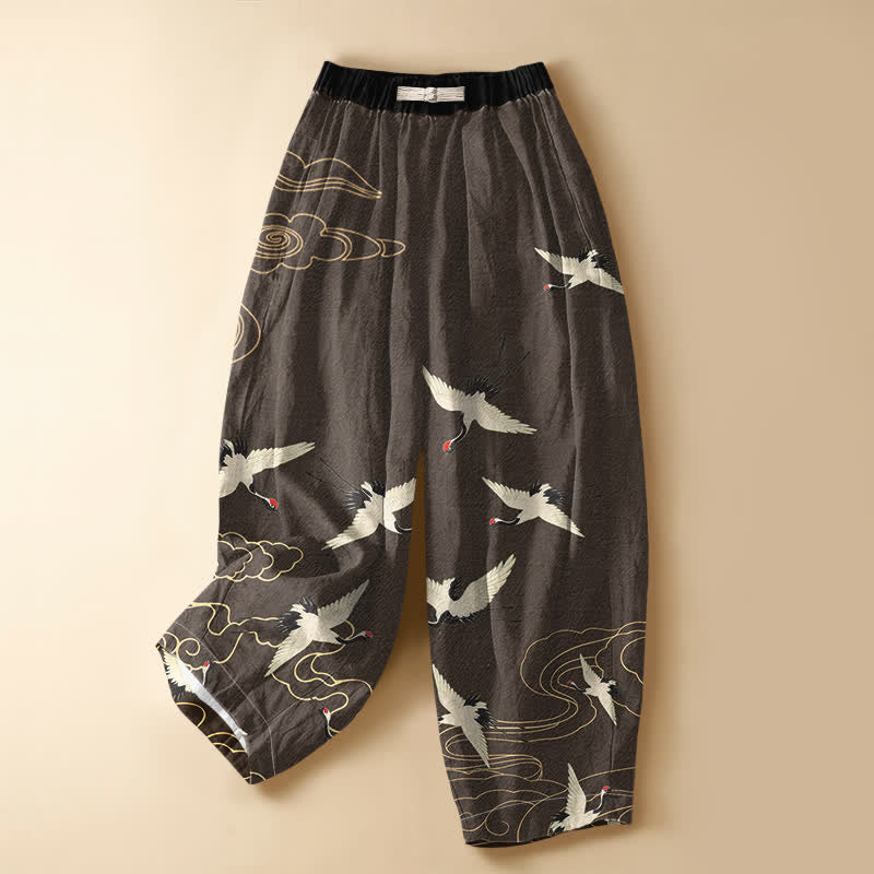 Buddha Stones Pantalones harem de algodón puro con elegante estampado de grullas y nubes, botones de rana y cintura elástica para mujer, con bolsillos. - Marrón silla de montar - US16，UK/AU20，EU48 (3XL) - image 5