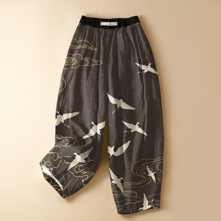 Buddha Stones Pantalones harem de algodón puro con elegante estampado de grullas y nubes, botones de rana y cintura elástica para mujer, con bolsillos. - Marrón silla de montar - US16，UK/AU20，EU48 (3XL) - image 5
