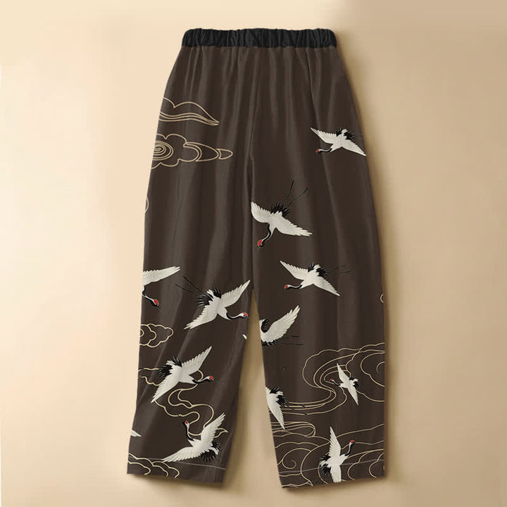 Buddha Stones Pantalones harem de algodón puro con elegante estampado de grullas y nubes, botones de rana y cintura elástica para mujer, con bolsillos. - image 6
