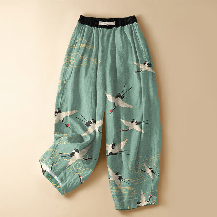 Buddha Stones Pantalones harem de algodón puro con elegante estampado de grullas y nubes, botones de rana y cintura elástica para mujer, con bolsillos. - Aguamarina - US16，UK/AU20，EU48 (3XL) - image 7