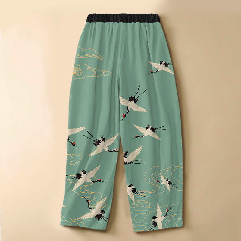 Buddha Stones Pantalones harem de algodón puro con elegante estampado de grullas y nubes, botones de rana y cintura elástica para mujer, con bolsillos. - image 8