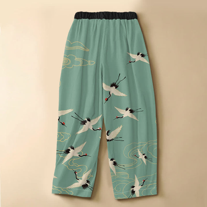 Buddha Stones Pantalones harem de algodón puro con elegante estampado de grullas y nubes, botones de rana y cintura elástica para mujer, con bolsillos. - image 8