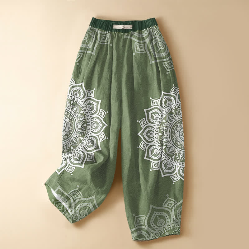 Buddha Stones Pantalones harem de algodón puro con estampado de mandala blanco estilo bohemio, botones de rana y cintura elástica para mujer con bolsillos. - Verde oliva - US16，UK/AU20，EU48 (3XL) - image 0