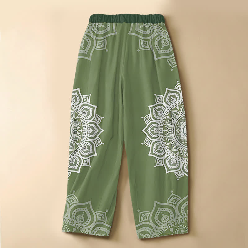 Buddha Stones Pantalones harem de algodón puro con estampado de mandala blanco estilo bohemio, botones de rana y cintura elástica para mujer con bolsillos. - image 1