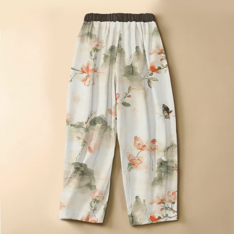 Buddha Stones Pantalones harem de algodón puro con estampado floral de mariposas en acuarela, botones de rana, cintura elástica y bolsillos para mujer. - image 1