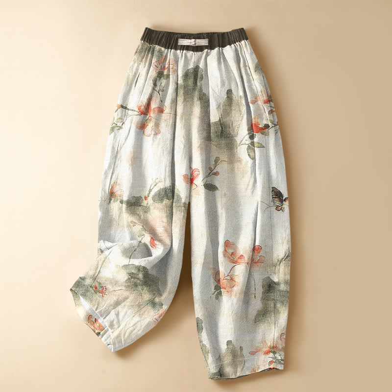 Buddha Stones Pantalones harem de algodón puro con estampado floral de mariposas en acuarela, botones de rana, cintura elástica y bolsillos para mujer. - Marfil - US16，UK/AU20，EU48 (3XL) - image 0
