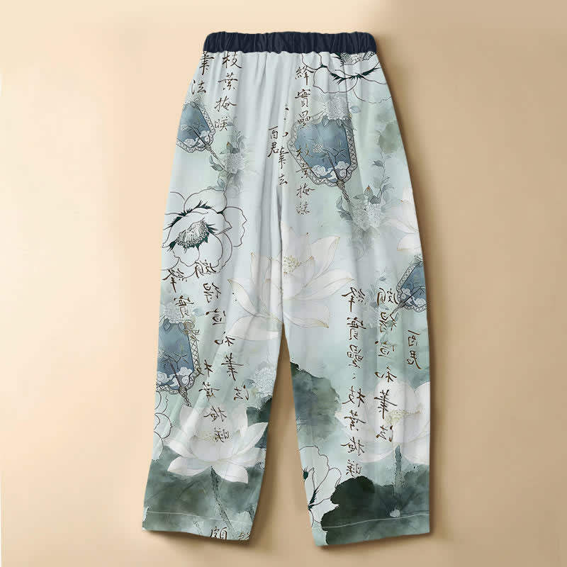 Buddha Stones Pantalones harem de mujer con cintura elástica y bolsillos, estampado floral oriental de algodón puro con efecto lavado a la tinta. - image 1