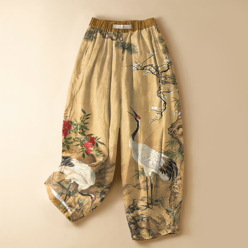Buddha Stones Pantalones harem de algodón puro con estampado de grulla oriental y flores, botones de rana, cintura elástica y bolsillos para mujer. - Broncearse - US16，UK/AU20，EU48 (3XL) - image 0