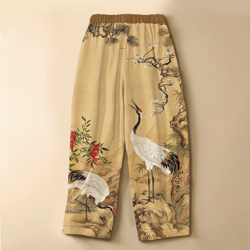 Buddha Stones Pantalones harem de algodón puro con estampado de grulla oriental y flores, botones de rana, cintura elástica y bolsillos para mujer. - image 1