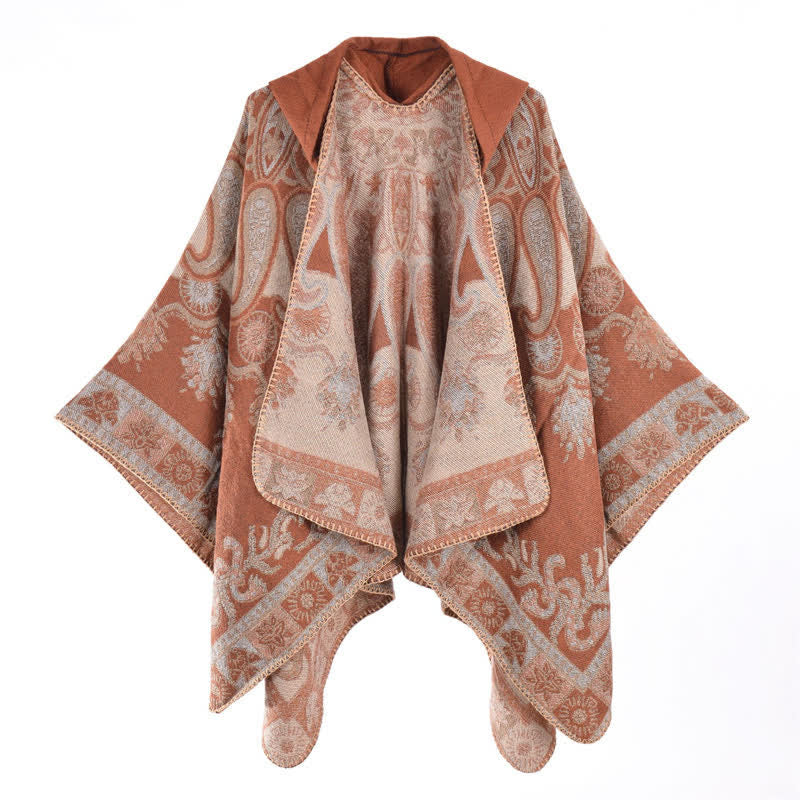 Buddha Stones Poncho estilo boho geométrico con capucha y estampado paisley para otoño/invierno. - image 26