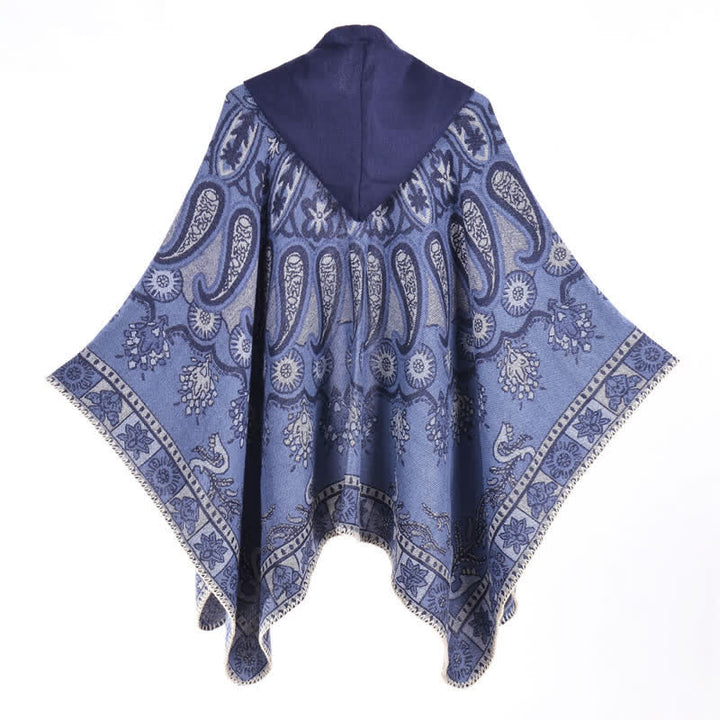 Buddha Stones Poncho estilo boho geométrico con capucha y estampado paisley para otoño/invierno. - image 11