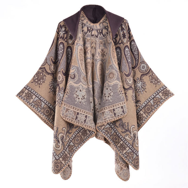 Buddha Stones Poncho estilo boho geométrico con capucha y estampado paisley para otoño/invierno. - image 32