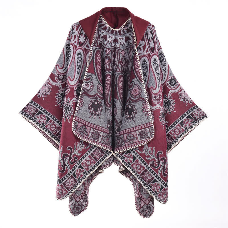 Buddha Stones Poncho estilo boho geométrico con capucha y estampado paisley para otoño/invierno. - image 21