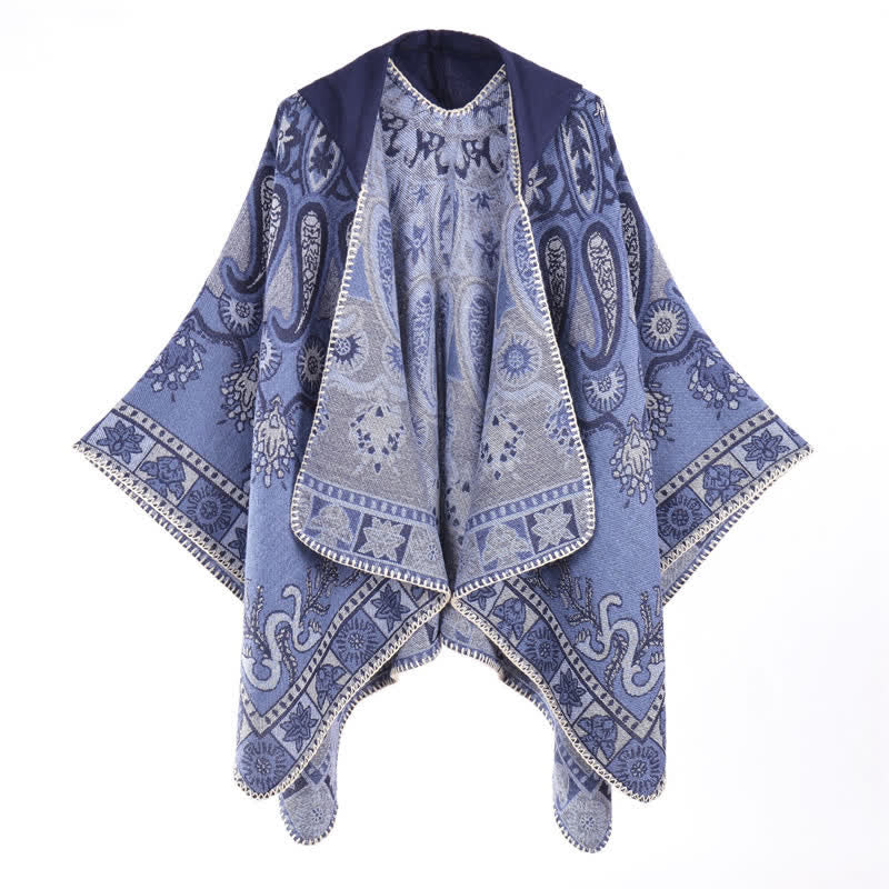 Buddha Stones Poncho estilo boho geométrico con capucha y estampado paisley para otoño/invierno. - image 10