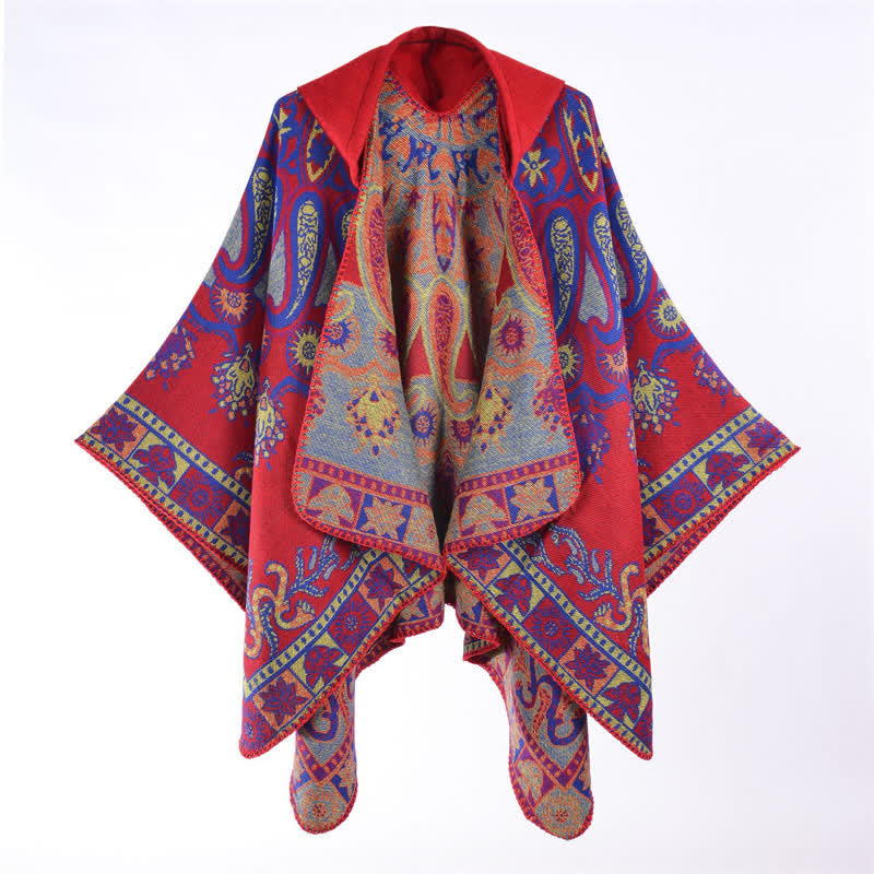 Buddha Stones Poncho estilo boho geométrico con capucha y estampado paisley para otoño/invierno. - image 15