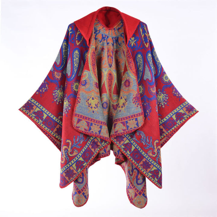 Buddha Stones Poncho estilo boho geométrico con capucha y estampado paisley para otoño/invierno. - image 15
