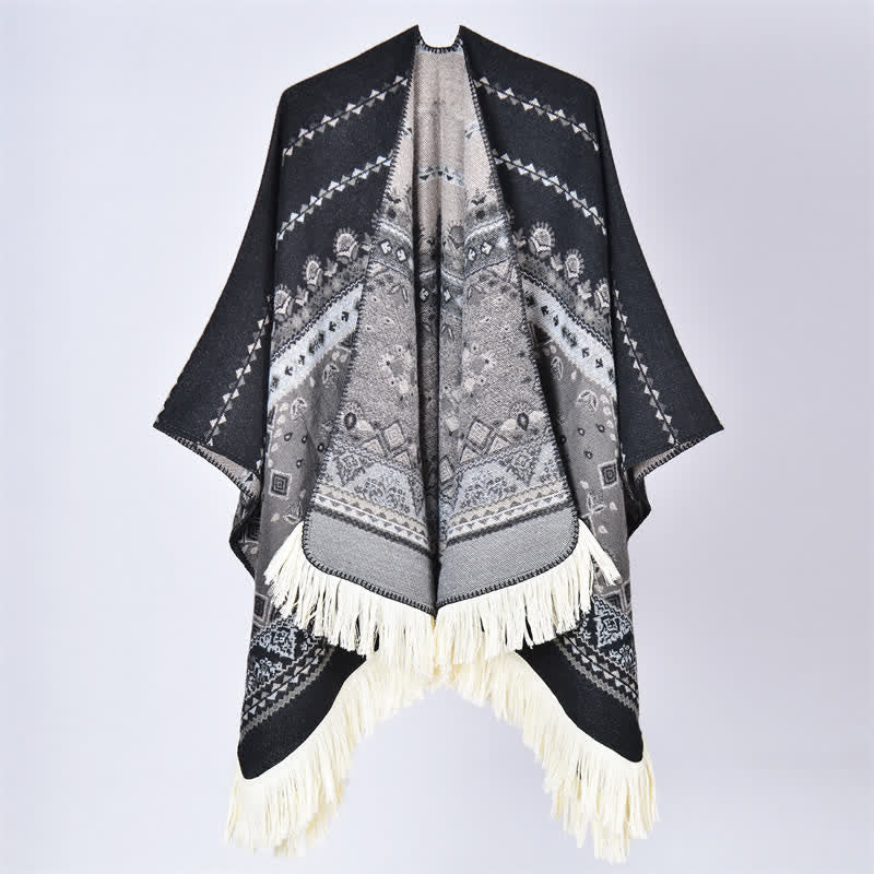 Buddha Stones Chal con borlas de estampado floral geométrico estilo boho para otoño/invierno - Flor negro gris - 155*136 cm - image 21