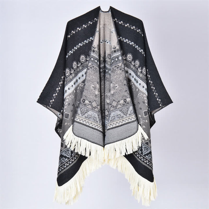 Buddha Stones Chal con borlas de estampado floral geométrico estilo boho para otoño/invierno - Flor negro gris - 155*136 cm - image 21
