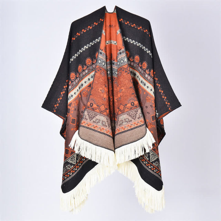Buddha Stones Chal con borlas de estampado floral geométrico estilo boho para otoño/invierno - Flor Naranja Negra - 155*136 cm - image 30